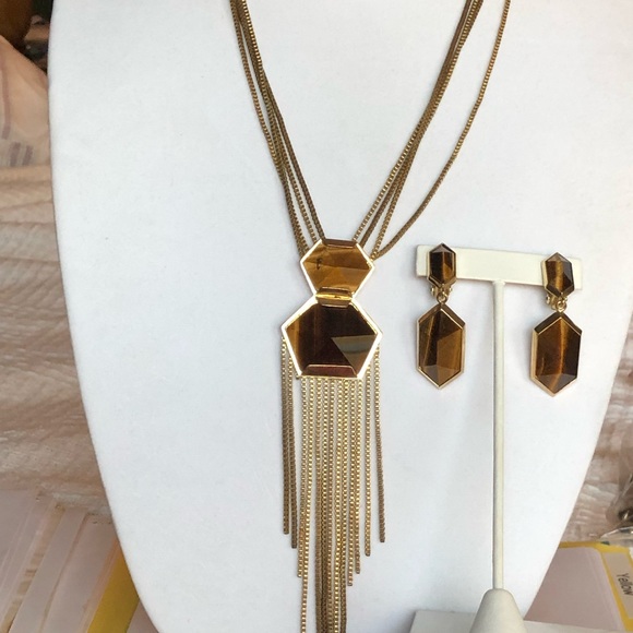REDUCED Vincent Camuto Tigers Eye Gemstones Fancy Cut Gold Chain Necklace - Picture 7 of 8